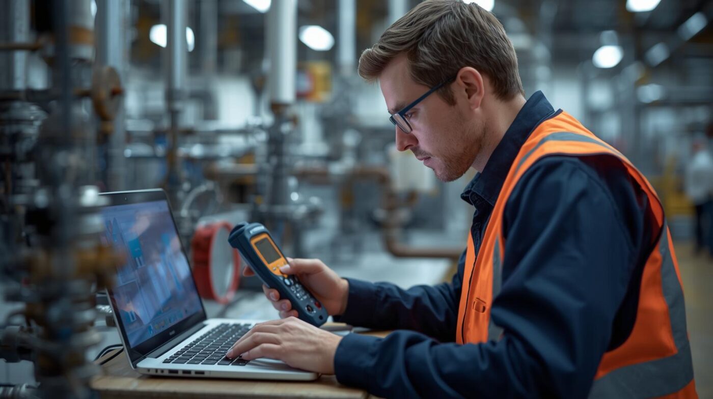 Auditor revisando instalaciones con laptop y medidor profesional. (1) Conseguir tu boletín eléctrico, dictamen, alta de luz o gas, o gestionar cambios de titularidad, potencia o comercializadora nunca fue tan fácil. Nos encargamos de todo el proceso en 24-48 horas, sin coste ni compromiso, asegurando que tu suministro esté activo y legal.