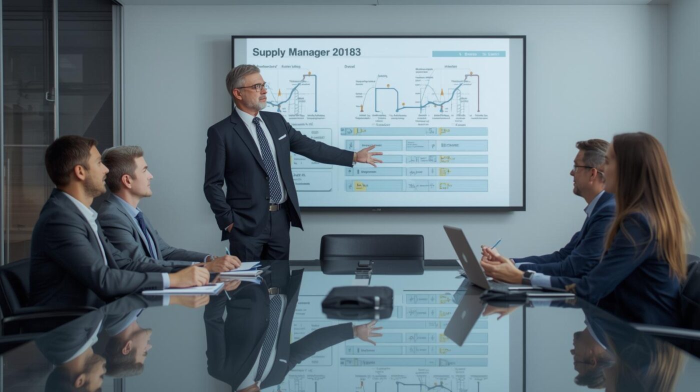 Gestor energético explicando plan de suministro a ejecutivos en sala de reuniones.