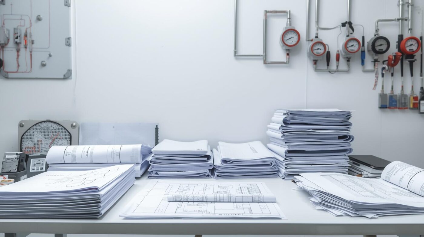 Mesa de trabajo con documentos, planos y medidores eléctricos mostrando organización y profesionalidad. (1) Dictamen eléctrico para viviendas, empresas, altas electricas en Guadalajara, CLM, Madrid, presupuesto sin coste ni compromiso.