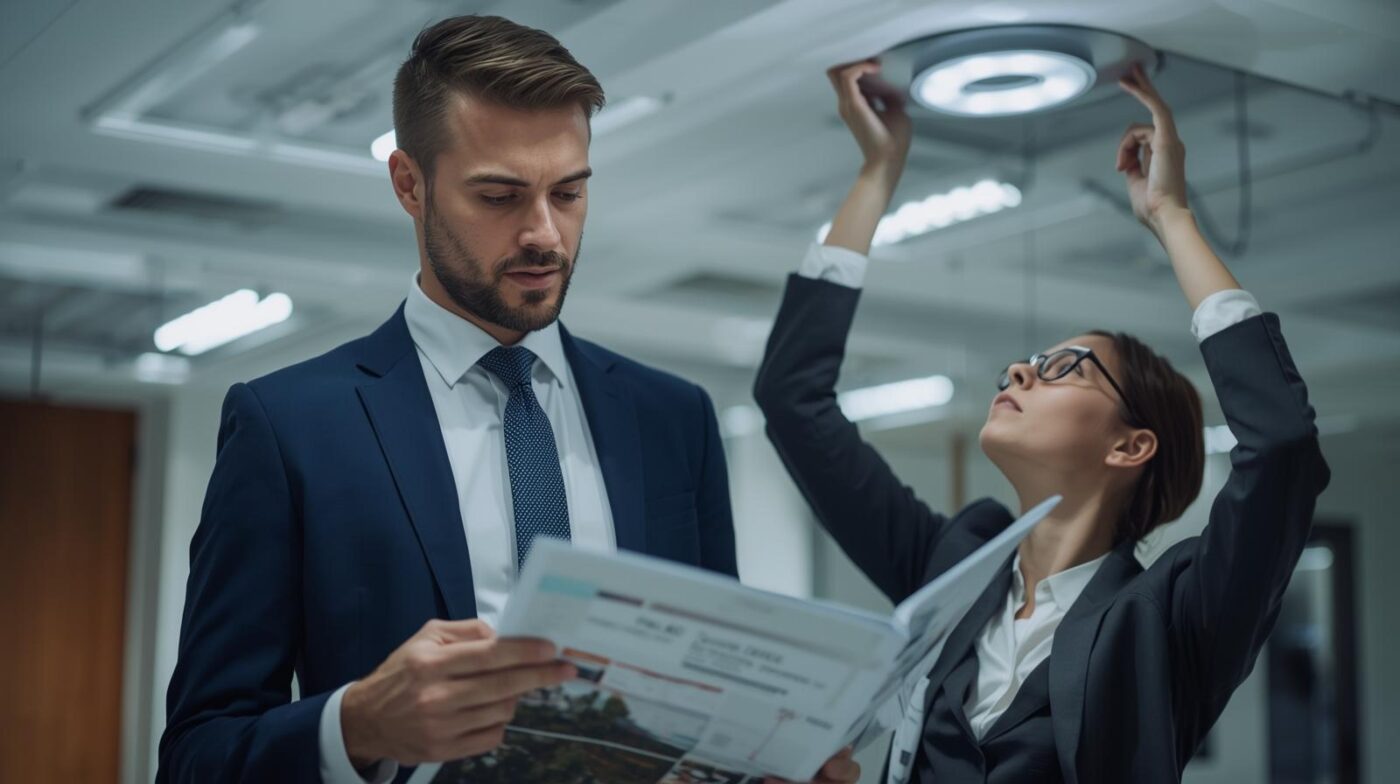 Persona corporativa revisando catálogo de luces LED o instalando luminarias en techo de oficina. (1) Los comerciales que trabajan con nosotros cuentan con un modelo de negocio claro y rentable, incluyendo altas comisiones por contrato, tarifas personalizadas para cada cliente y apoyo total en la gestión de instalaciones y suministros. Además, facilitamos estudios energéticos y comparativas gratuitas