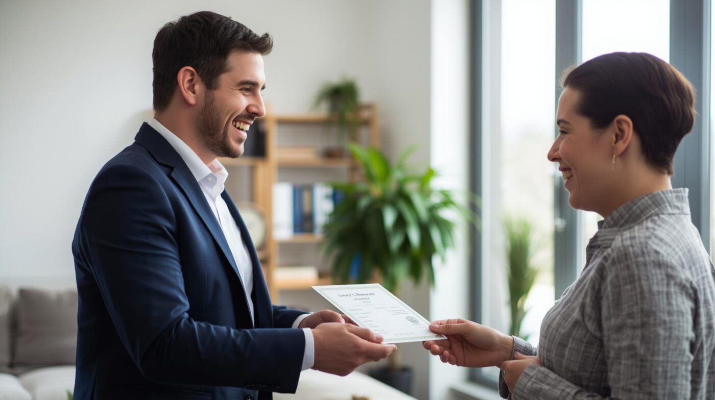 Persona entregando certificado energético a cliente satisfecho (1) Certificados y boletines eléctricos para comunidades y negocios