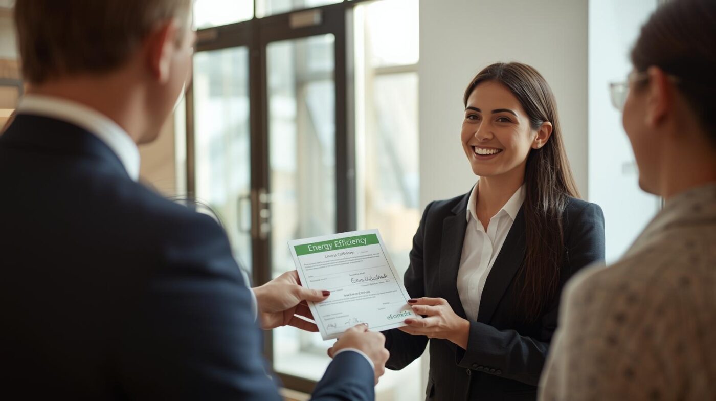 Persona entregando certificado energético a cliente satisfecho Cliente recibiendo presupuesto de boletín eléctrico y dictamen eléctrico en Azuqueca de Henares, Guadalajara, Castilla la Mancha y Madrid