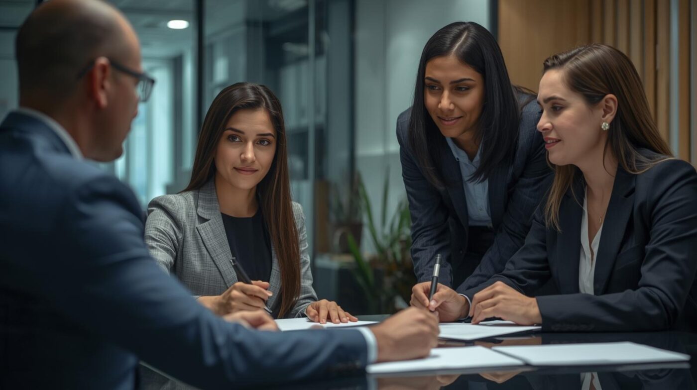 Reunión entre empresa proveedora y clientes corporativos firmando contratos.