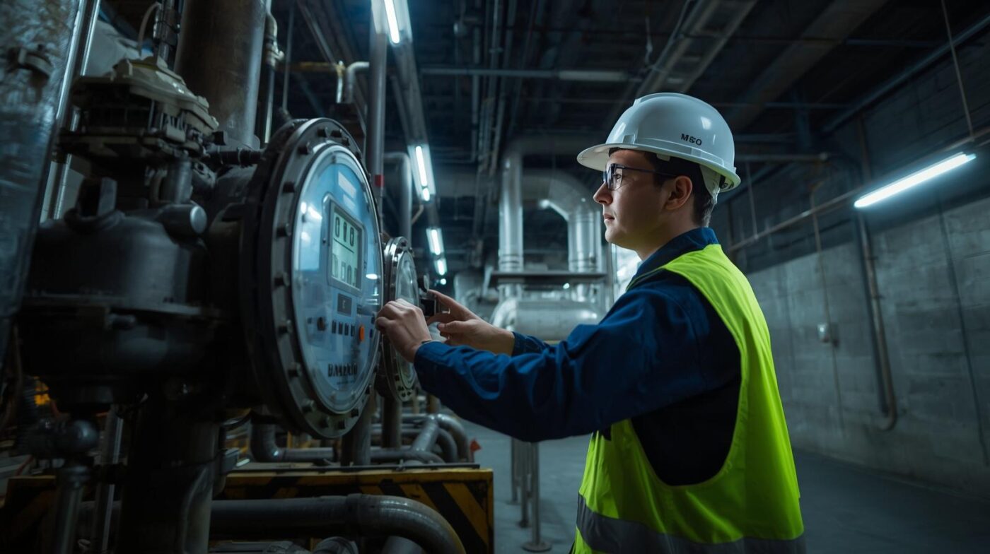Técnico revisando contador de gas en nave industrial. Mantenimiento de instalaciones eléctricas y suministros energéticos en Guadalajara, Castilla la Mancha y Madrid.