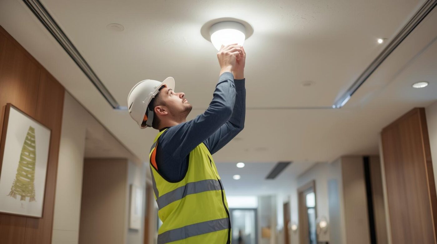 un instalador cambiando la iluminacion en una zona comun de una comunidad de propietarios (1) Instalación de luces led industrial para empresas y negocios locales, naves y comunidades de propietarios