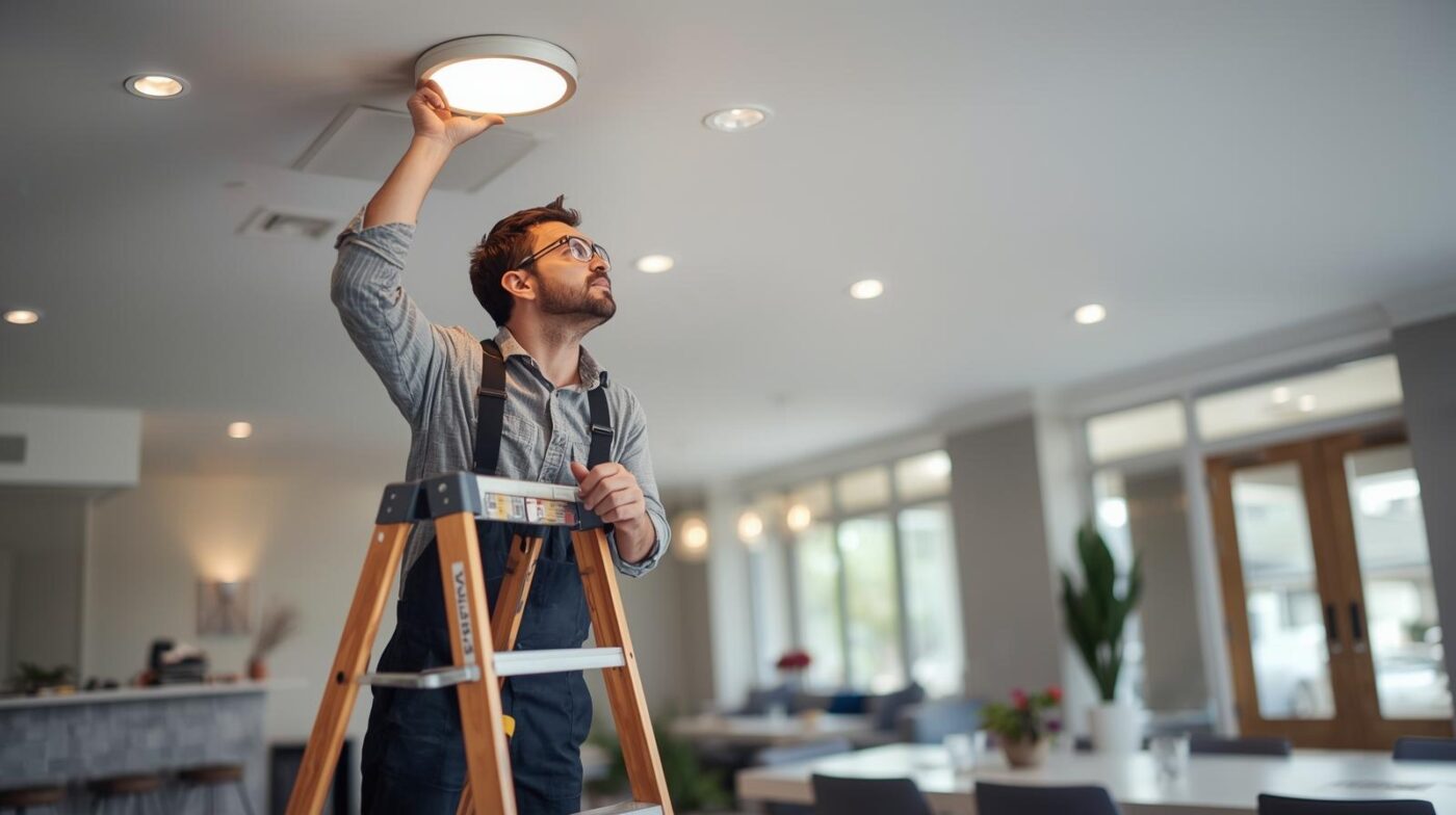 un instalador cambiando la iluminacion en una zona comun de una comunidad de propietarios Luces led industriales en Azuqueca de Henares, Guadalajara y Castilla la Mancha
