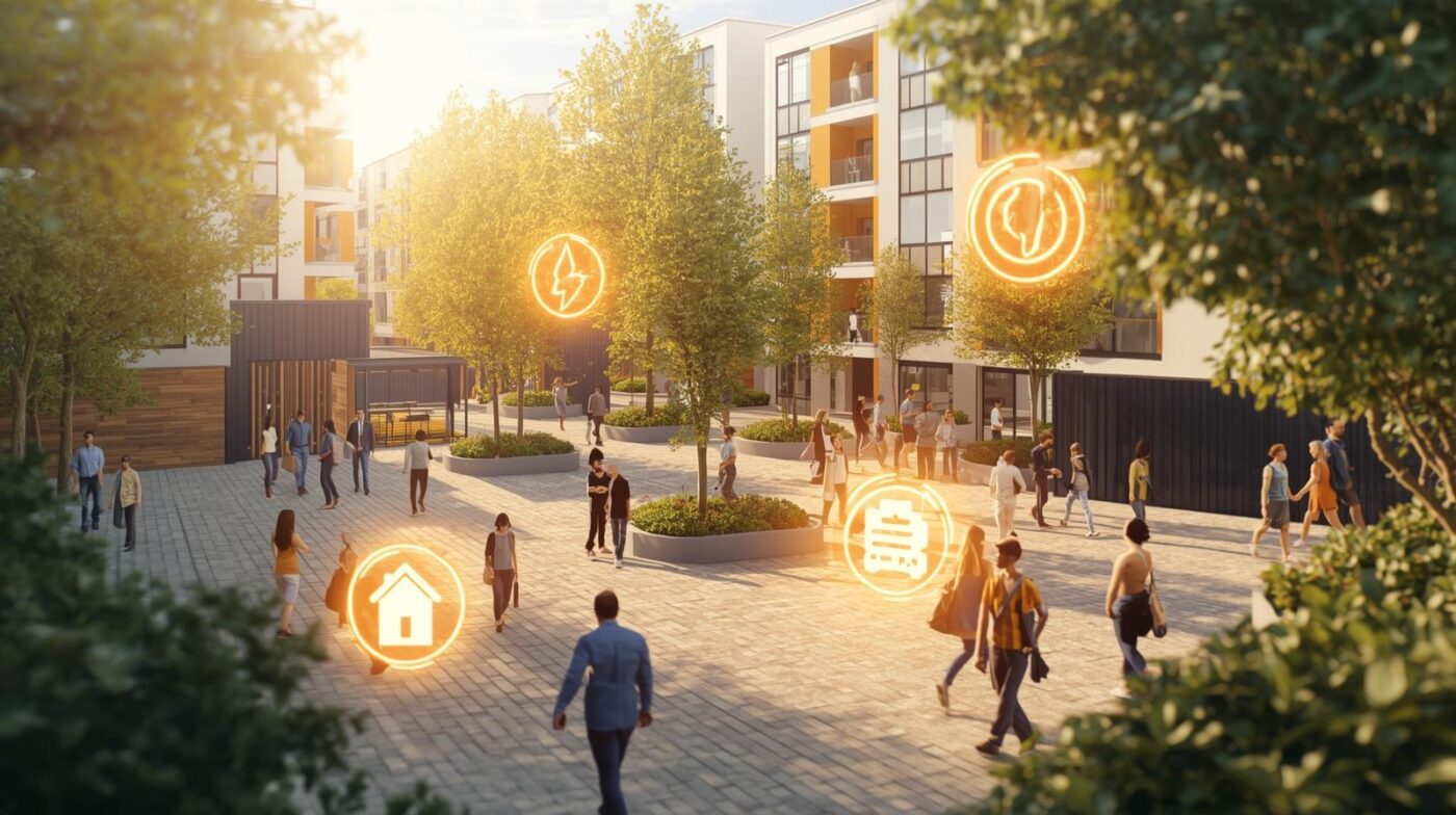 una zona comun de gran comunidad de vecinos en la que destaquen las luces y simbolos de ahorro en luz y gas en los contratos superpuesto en la imagen (1) Optimización energética comunidades de propietarios y comunidades energéticas