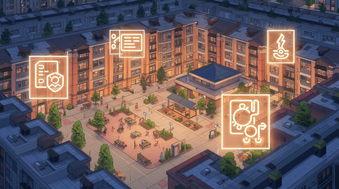 una zona comun de gran comunidad de vecinos pisos bloques en la que destaquen las luces y simbolos de ahorro en luz y gas en los contratos superpuesto en la imagen Nuestras soluciones energéticas para comunidades de propietarios están diseñadas para mejorar la eficiencia en zonas comunes y viviendas.