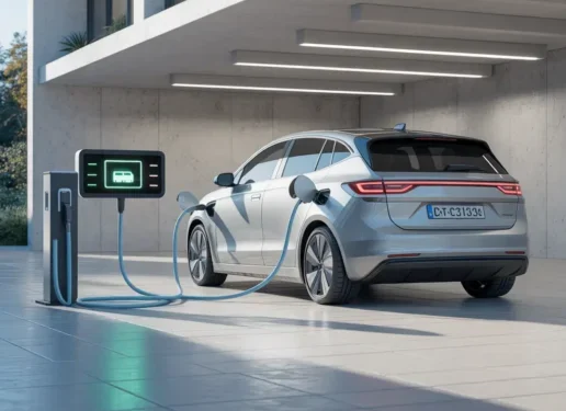 Cargador de coche eléctrico instalado en garaje de chalet en Azuqueca de Henares, Guadalajara y Castilla-La Mancha, con pantalla digital de carga eficiente.